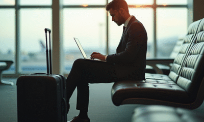 Professionnel travaillant sur un ordinateur à l'aéroport