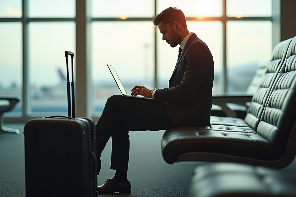 Professionnel travaillant sur un ordinateur à l'aéroport