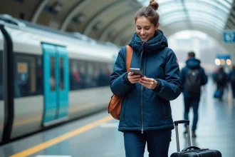 Femme professionnelle avec équipement de ski sur le quai d'une gare parisienne prête pour une escapade à la montagne