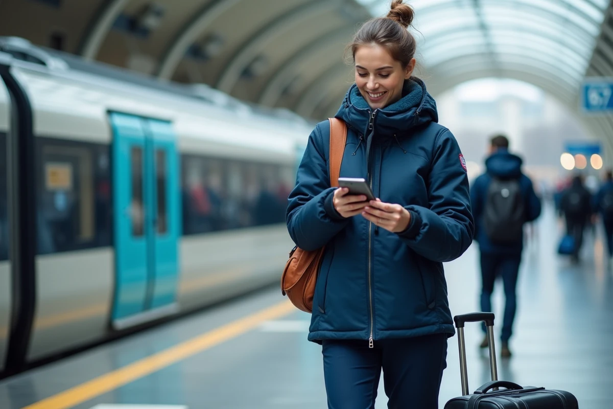 Femme professionnelle avec équipement de ski sur le quai d'une gare parisienne prête pour une escapade à la montagne