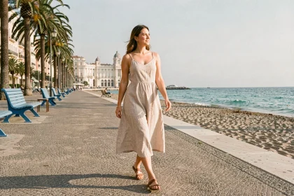 Femme se promenant sur la Promenade des Anglais à Nice avec vue sur la mer Méditerranée