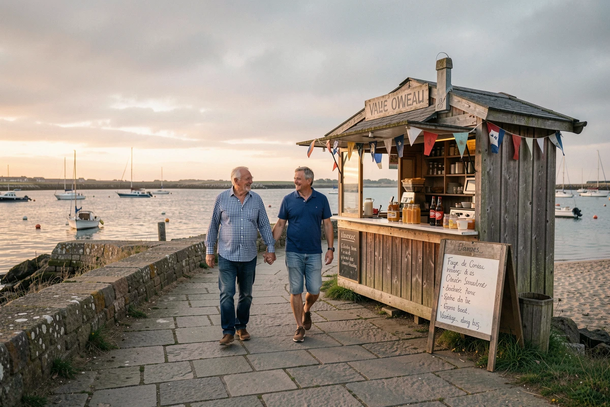 Couple se promenant près d'un kiosque à crêpes sur le chemin côtier de la plage de Conleau à Vannes