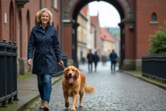 Femme avec chien devant la porte Holstentor à Lübeck