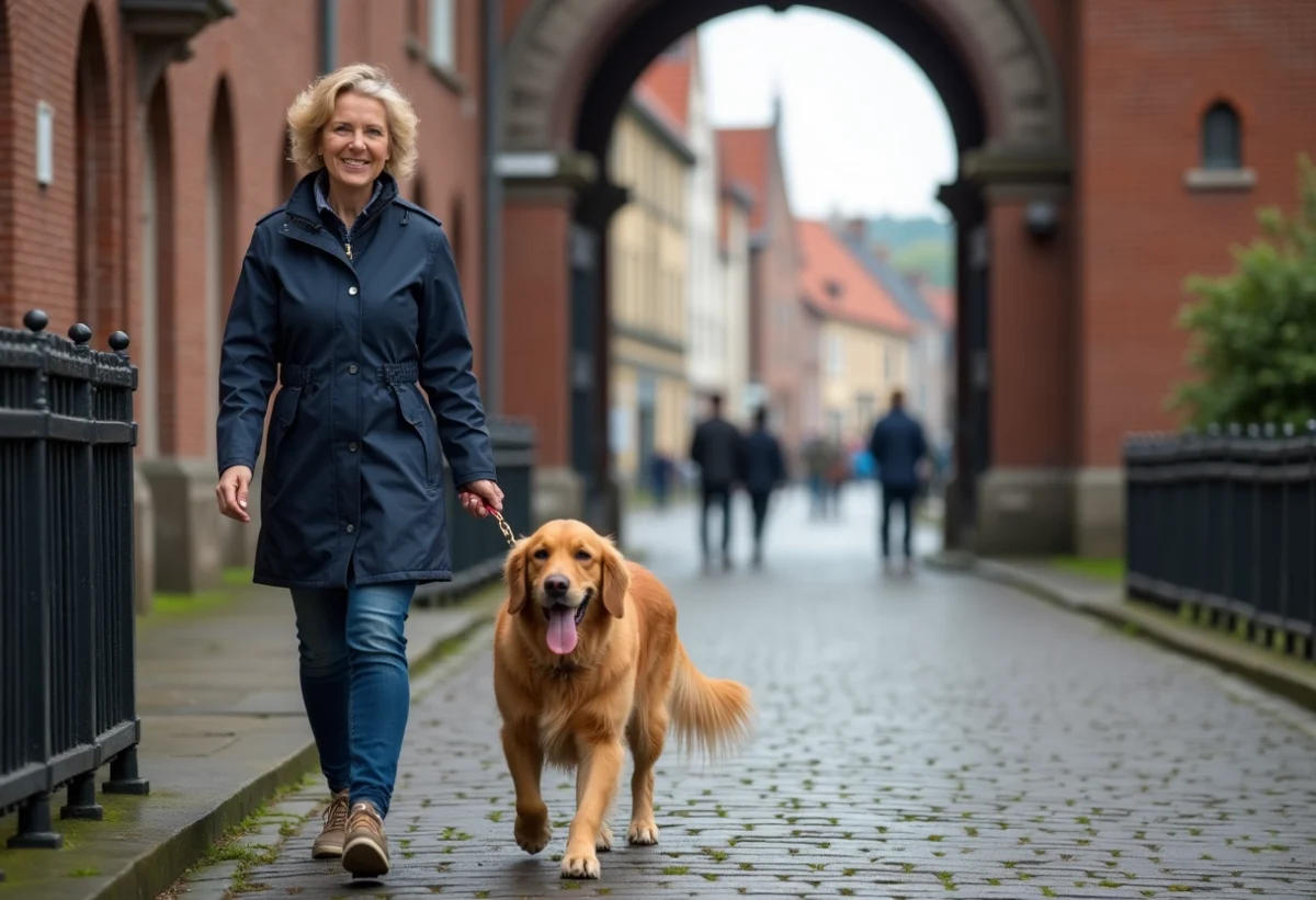 Femme avec chien devant la porte Holstentor à Lübeck