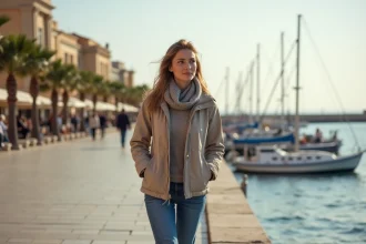 Femme en promenade à St Julian's en Malte en hiver