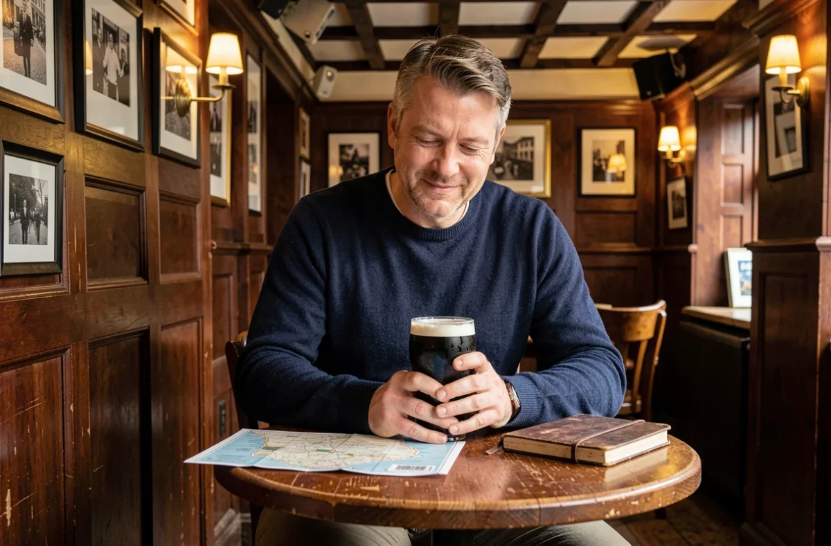 Voyageur dégustant une pinte de stout dans un pub traditionnel de Dublin, décor en bois sombre et carte papier sur la table, ambiance authentique irlandaise