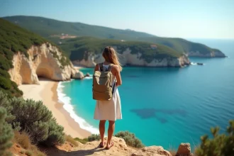 Femme regardant la plage secrète de Corse depuis un point de vue
