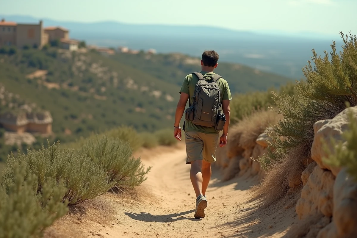 Randonneur marchant sur un sentier de garrigue dans le Vaucluse avec un village perché en arrière-plan