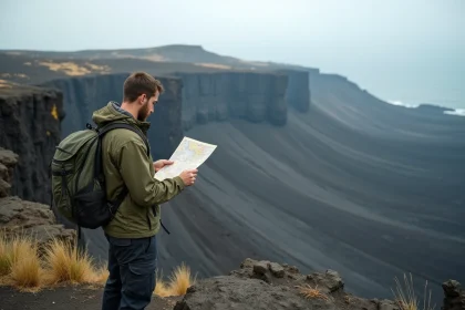 Randonneur consultant une carte volcanique au bord d'un cratère de l'Etna en Sicile avec vue panoramique sur les champs de lave