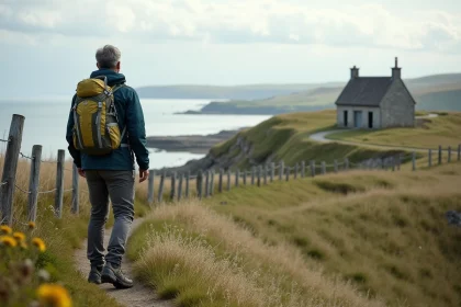 Randonneur en veste respirante sur la côte de Saint Cado