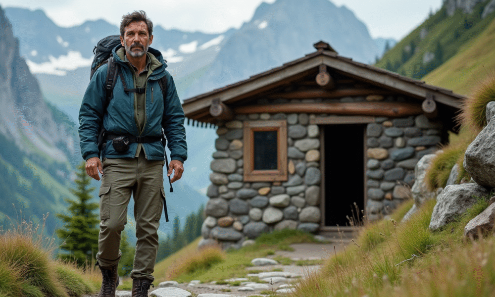 Hiker masculin devant un refuge de montagne en été