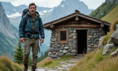 Hiker masculin devant un refuge de montagne en été