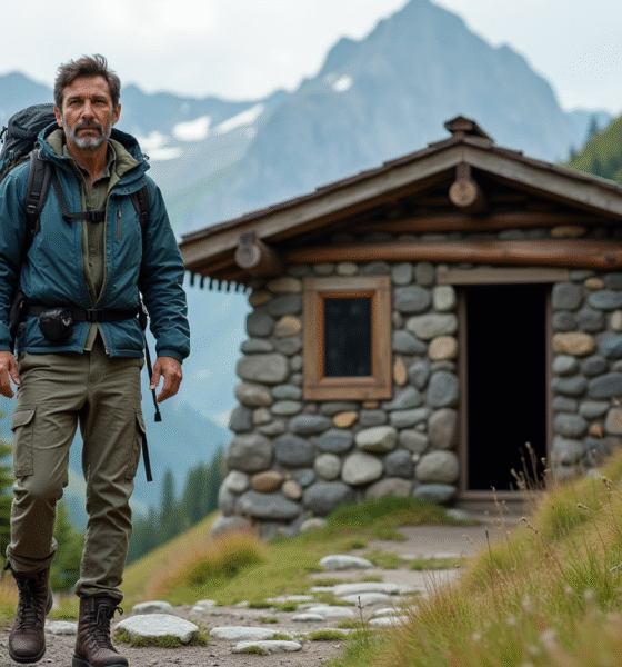 Hiker masculin devant un refuge de montagne en été