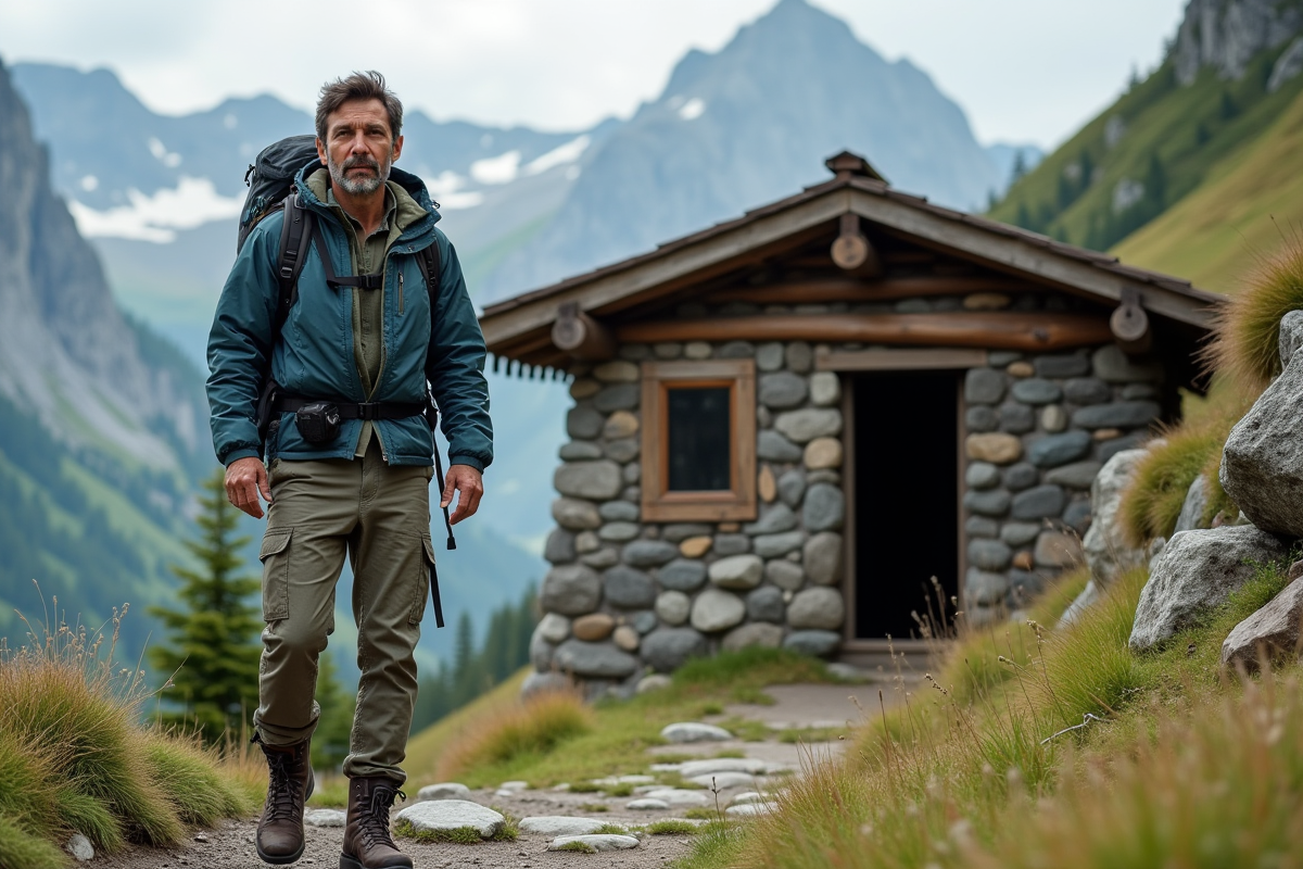 Hiker masculin devant un refuge de montagne en été