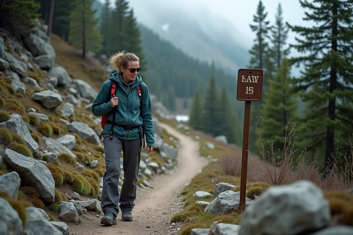 Randonneuse utilisant un GPS civil de randonnée sur un sentier de montagne rocheux avec un paysage alpin en arrière-plan