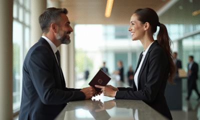 Réceptionniste d'hôtel souriante remettant un passeport