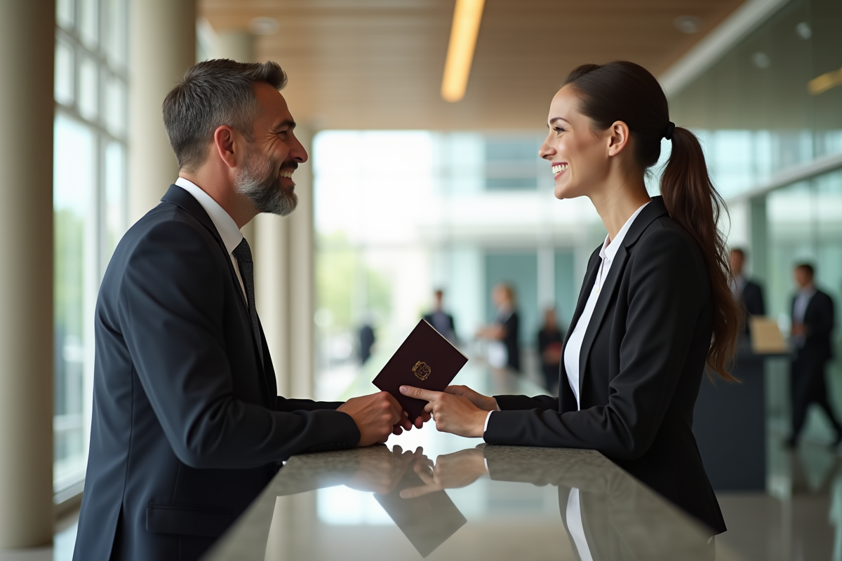 Réceptionniste d'hôtel souriante remettant un passeport