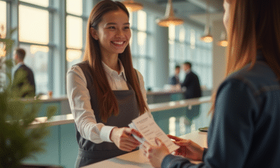 Réceptionniste souriant remettant des bons vacances à un client