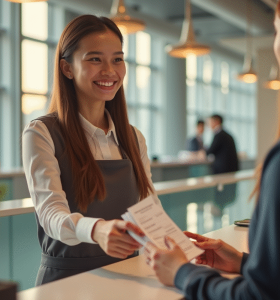 Réceptionniste souriant remettant des bons vacances à un client
