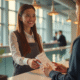 Réceptionniste souriant remettant des bons vacances à un client