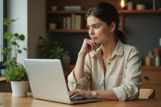 Femme consultant un site de réservation de vols sur son ordinateur portable pour un voyage Lyon - République Dominicaine