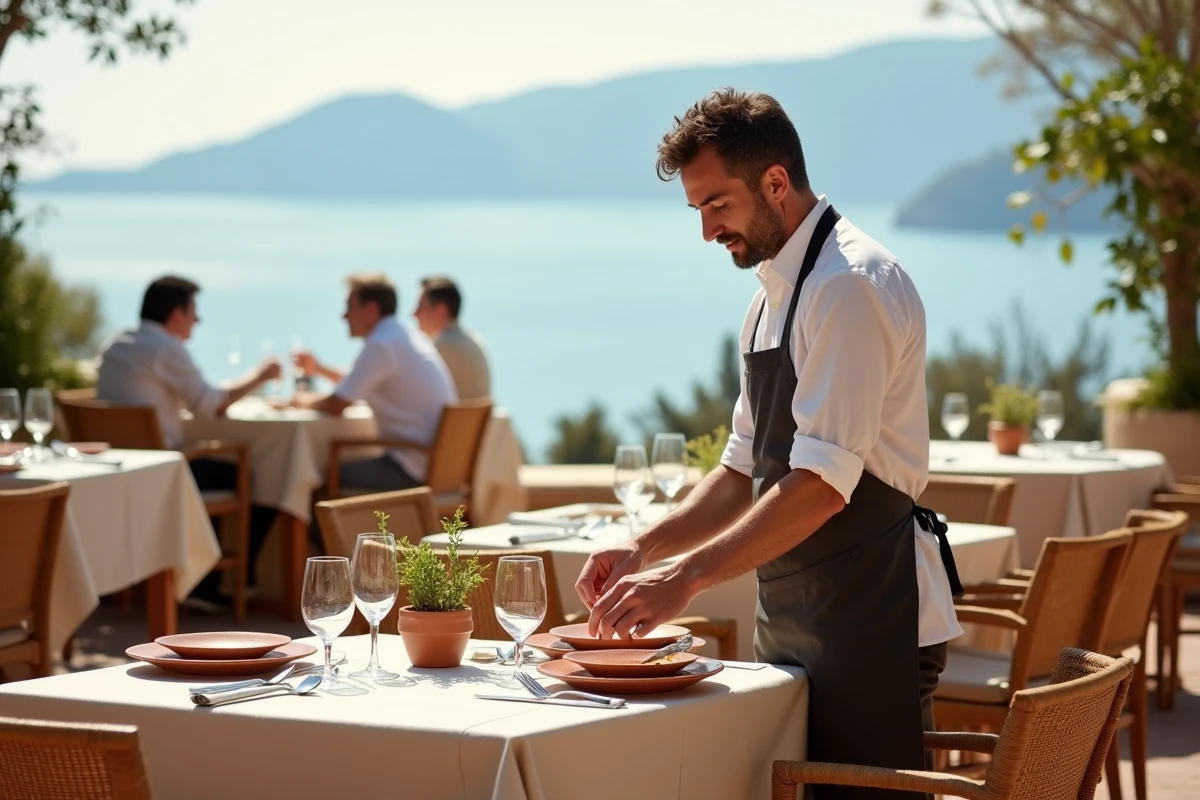 Restaurant en terrasse d'un hôtel de luxe à Porto Cervo avec vue sur la Costa Smeralda en Sardaigne