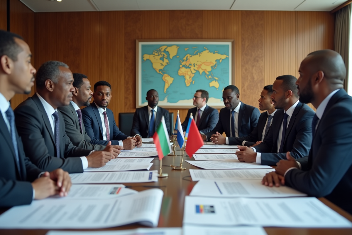 Diplomates en réunion avec drapeaux et documents