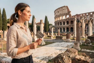 Voyageuse tenant une Roma Pass devant le Forum Romain et le Colisée à Rome