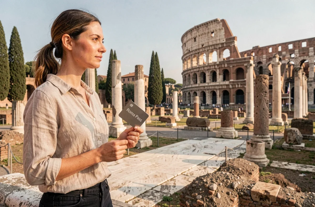 Voyageuse tenant une Roma Pass devant le Forum Romain et le Colisée à Rome