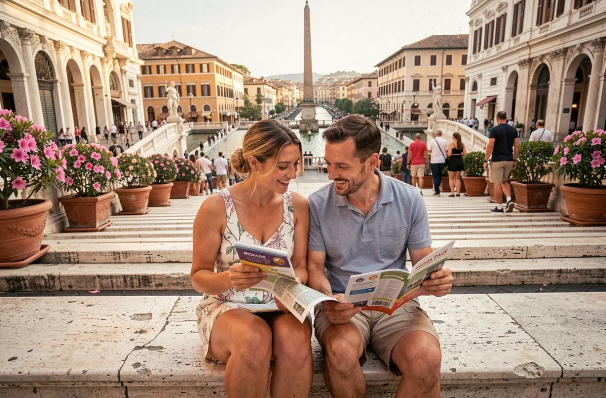 Couple planifiant leur itinéraire Rome en 3 jours avec la Roma Pass sur les marches de la Piazza di Spagna