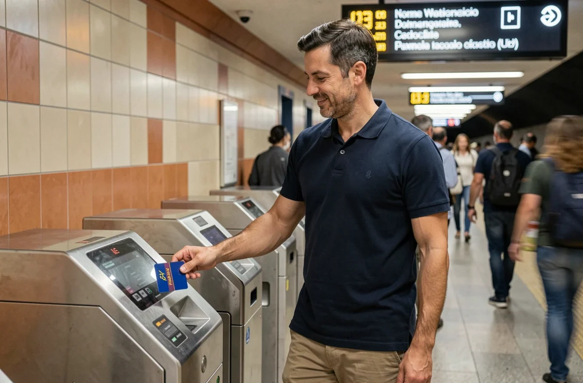 Touriste utilisant la Roma Pass dans le métro de Rome pour valider son titre de transport