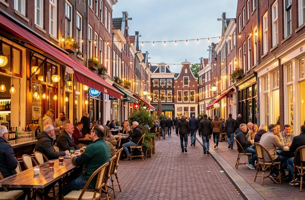 Rue animée d'Amsterdam le soir avec terrasses de bars éclairées