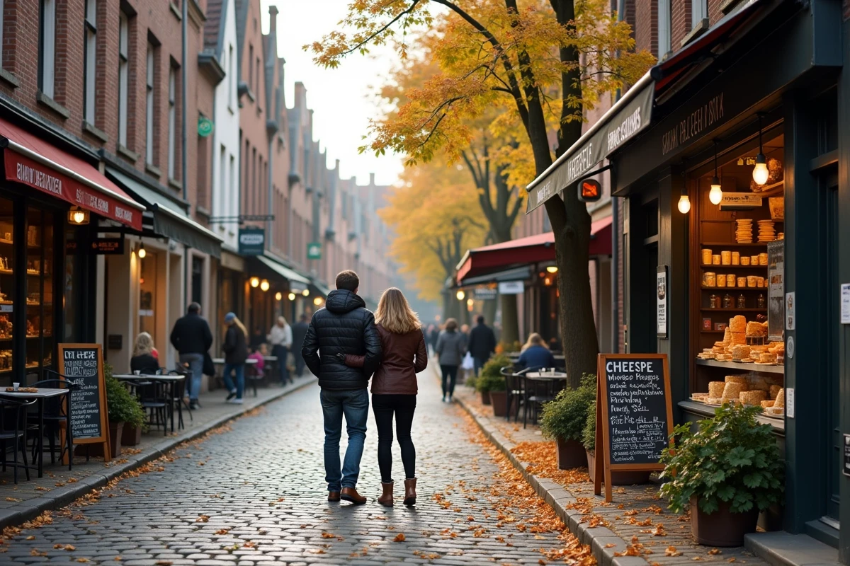 Rue pavée de Bruges avec devantures de boutiques gourmandes et spécialités locales en automne