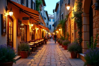 Ruelle pavée animée du village de Gruissan la nuit avec terrasses de restaurants et promeneurs estivaux
