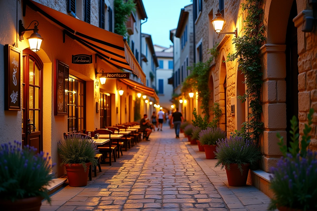 Ruelle pavée animée du village de Gruissan la nuit avec terrasses de restaurants et promeneurs estivaux