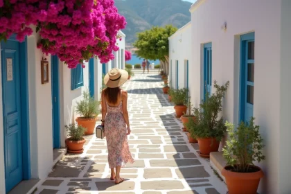 Ruelle pittoresque de Skopelos avec bougainvilliers et architecture grecque blanche, lieu de tournage de Mamma Mia