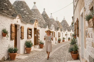 Femme se promenant dans une ruelle pavée d'Alberobello entourée de trulli aux toits coniques en pierre calcaire grise