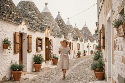 Femme se promenant dans une ruelle pavée d'Alberobello entourée de trulli aux toits coniques en pierre calcaire grise