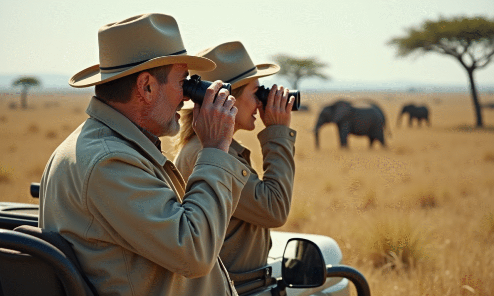 Homme et femme en safari regardant au loin