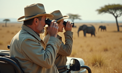 Homme et femme en safari regardant au loin