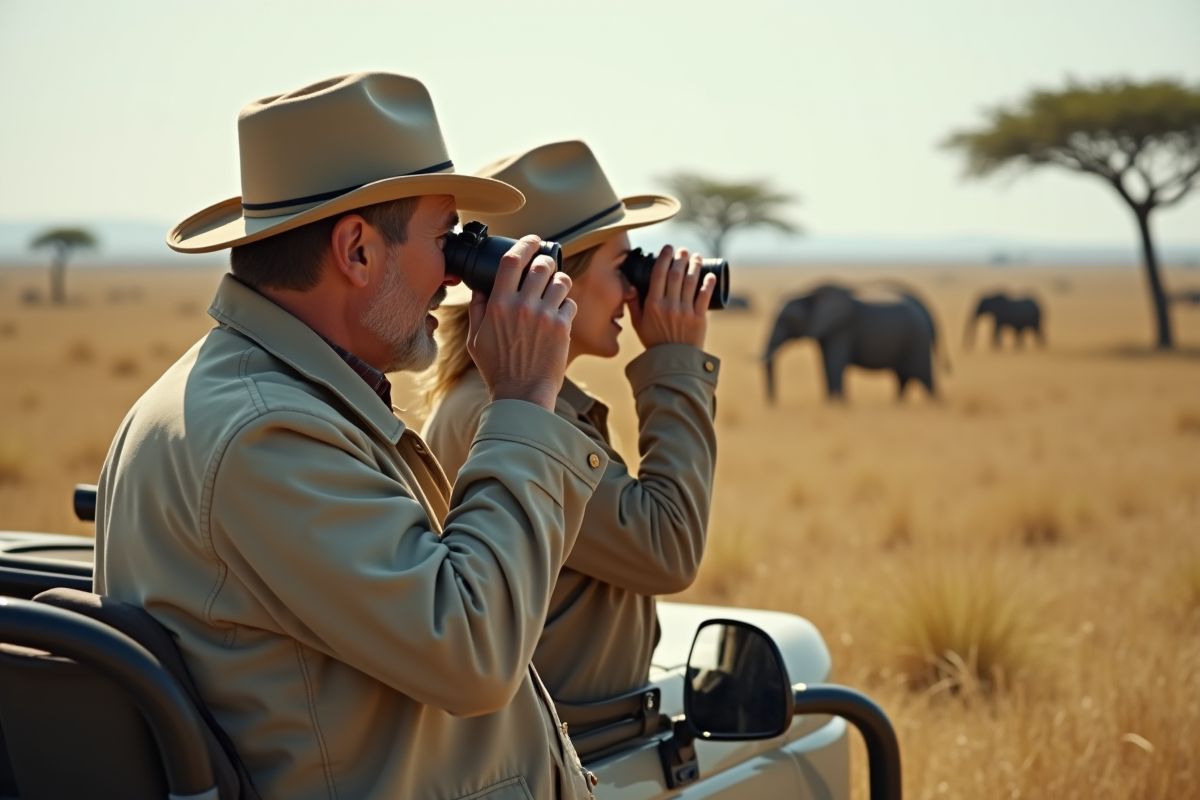Homme et femme en safari regardant au loin
