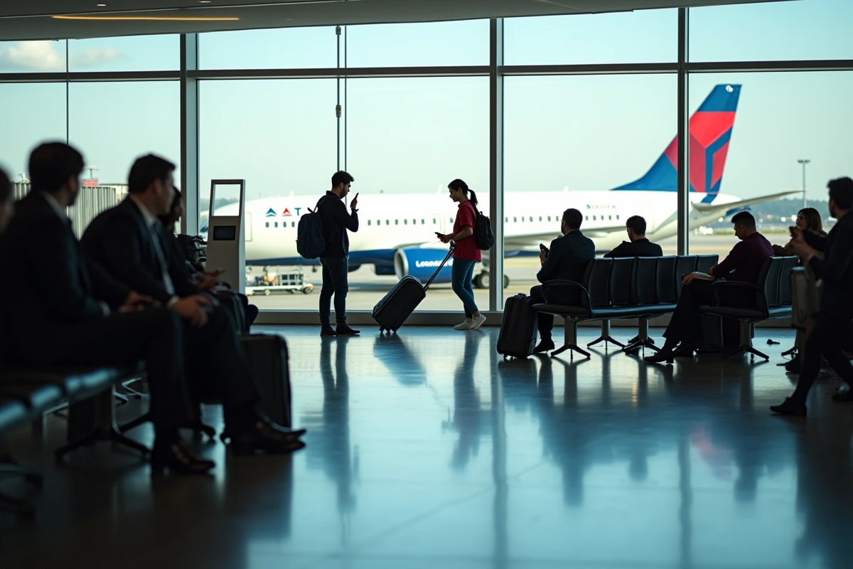 Salle d'embarquement animée d'un aéroport avec des voyageurs attendant un vol Delta Airlines
