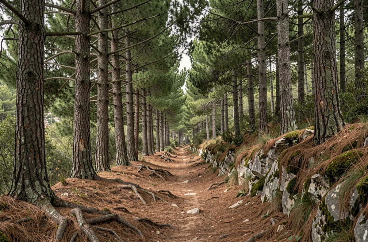 Sentier forestier ombragé traversant la pinède du Parc national de Mljet avec racines apparentes et sous-bois dense