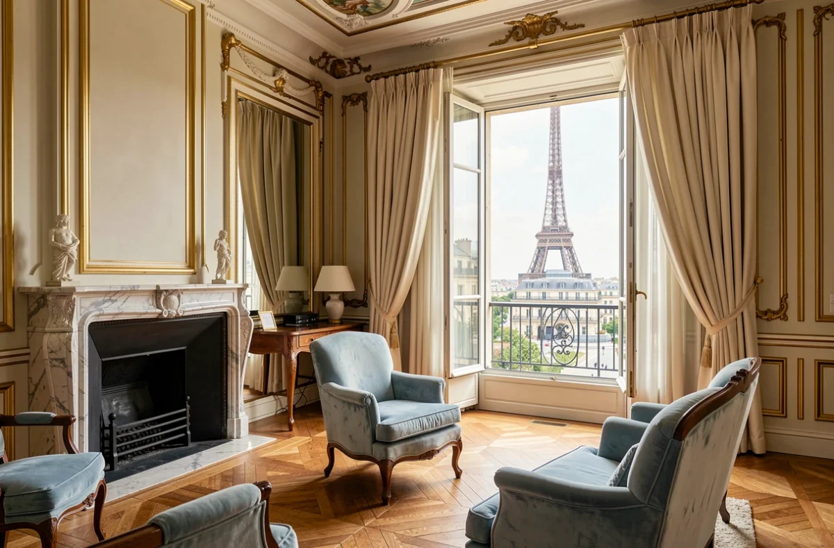 Suite du Shangri-La Hotel Paris avec vue directe sur la Tour Eiffel à travers de grandes fenêtres et décor Second Empire