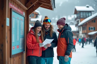 Groupe de skieurs comparant les forfaits de ski pas cher devant le guichet d'une station alpine