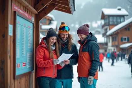 Groupe de skieurs comparant les forfaits de ski pas cher devant le guichet d'une station alpine