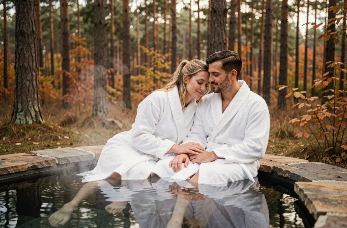 Couple se relaxant dans le spa extérieur des Sources de Cheverny entouré de forêt solognote