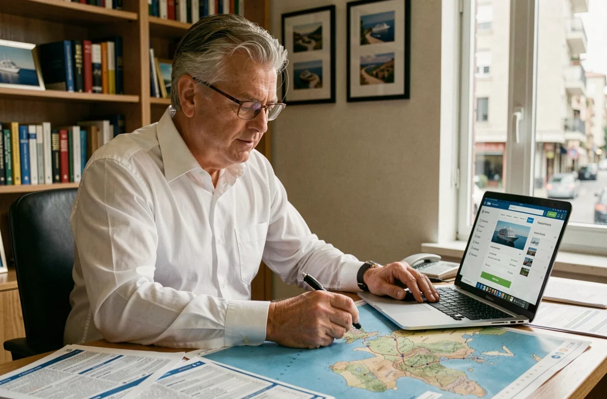 Spécialiste croisière masculin analysant des itinéraires méditerranéens sur une carte dans son bureau à domicile