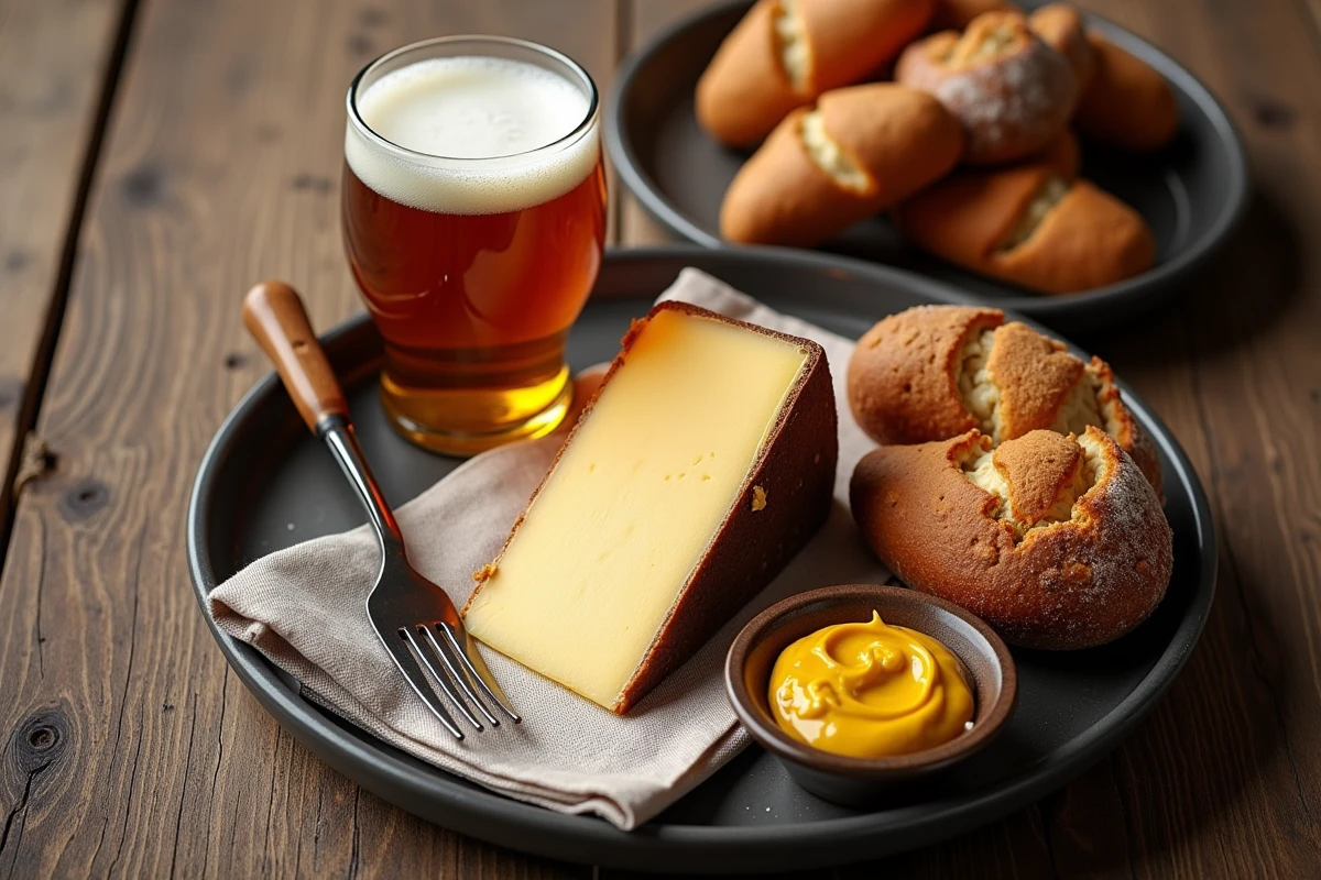 Plateau de spécialités gourmandes belges de Bruges : fromage, bière trappiste et speculoos