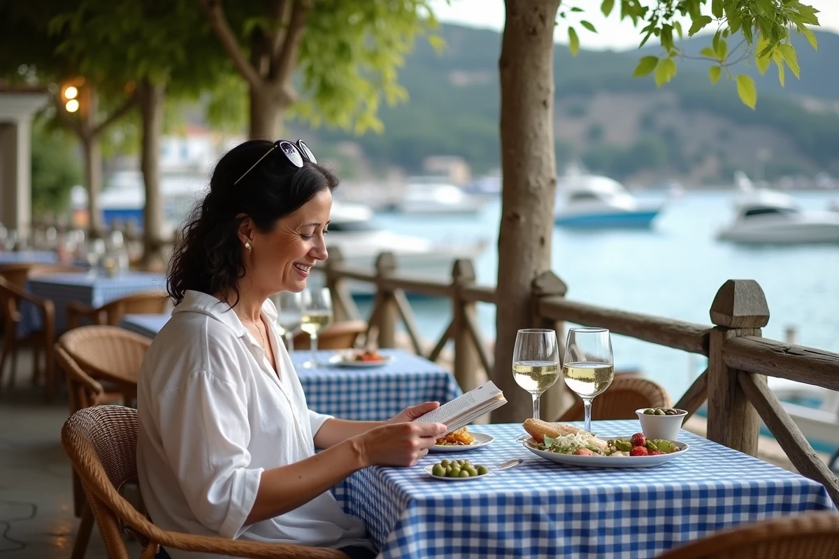 Terrasse de taverne grecque à Skopelos avec vue sur le port, ambiance estivale inspirée de Mamma Mia